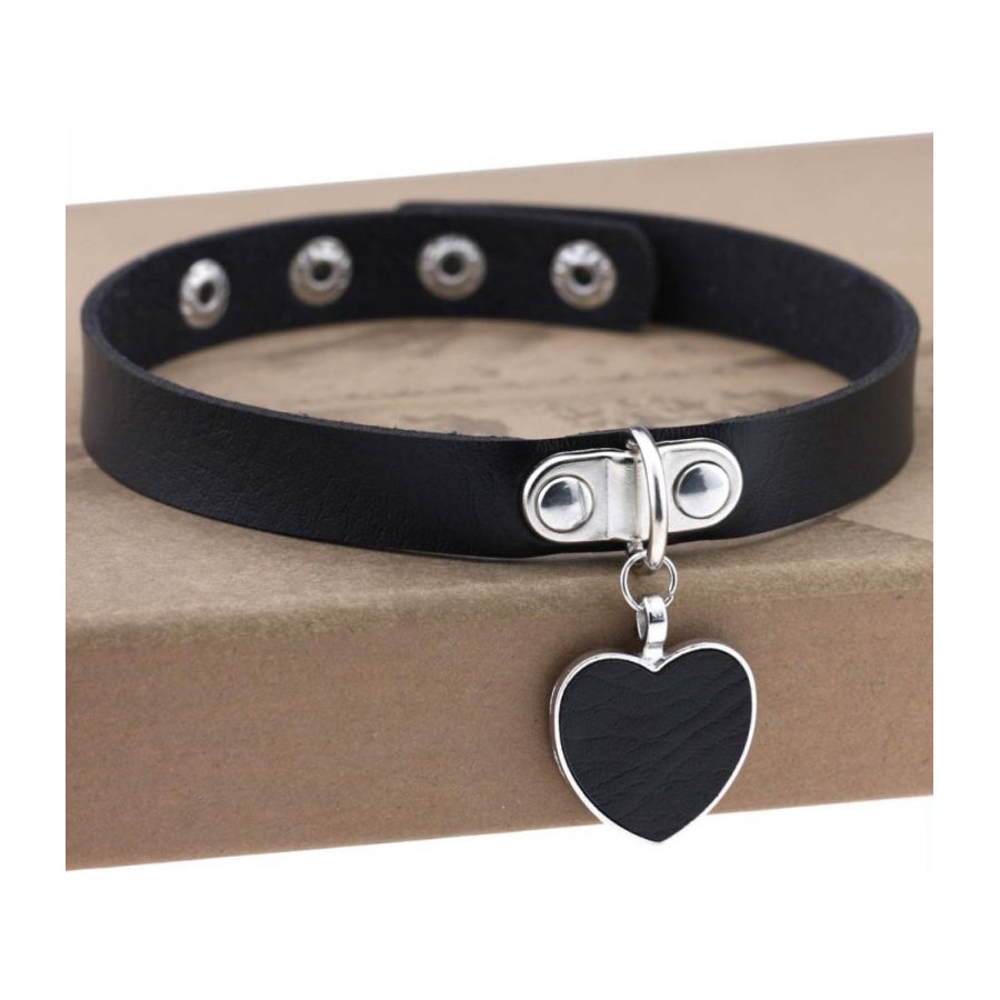 Punk Goth Heart Pendant Necklace Leather Collar BLACK