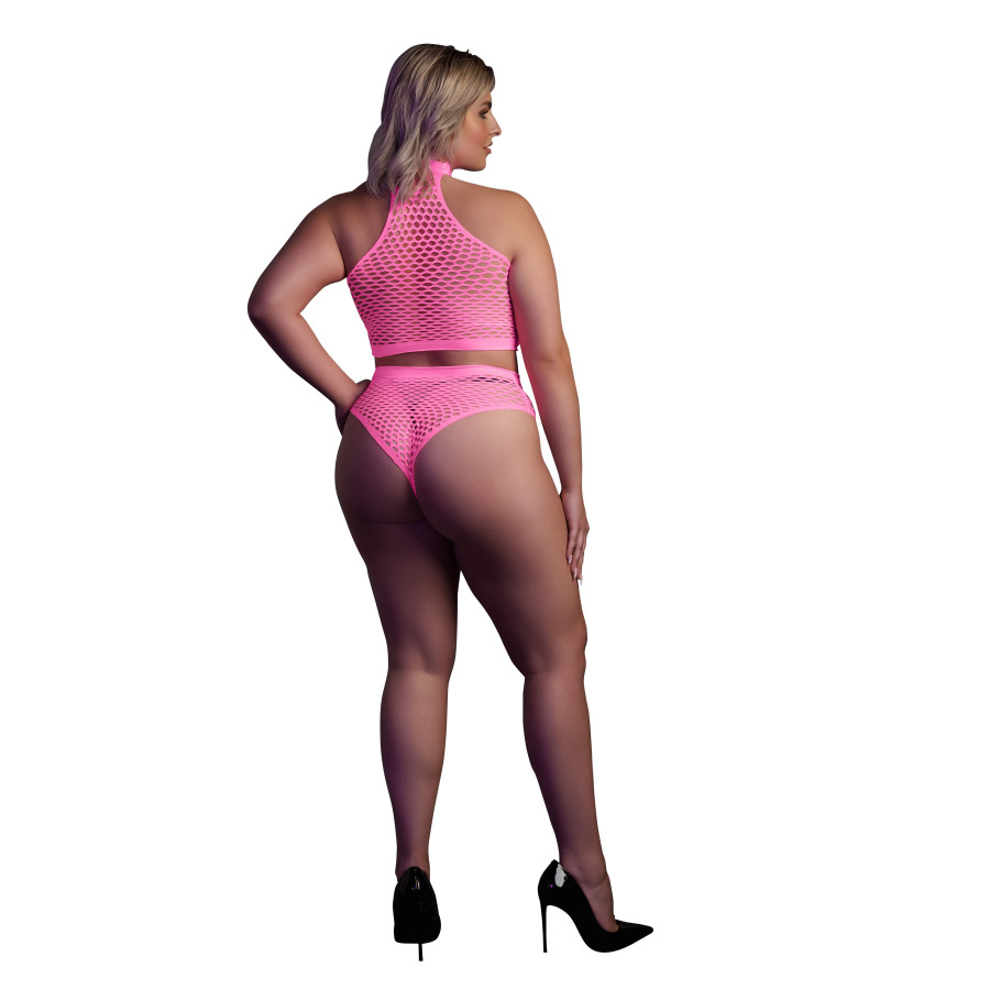 Ensemble Bustier et Culotte Filet Rose Fluo