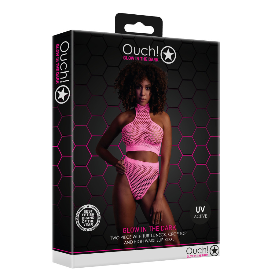 Ensemble Bustier et Culotte Filet Rose Fluo