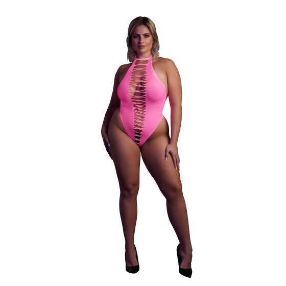 Body échancré ouvert à l'entrejambe avec dos nu Rose Fluo