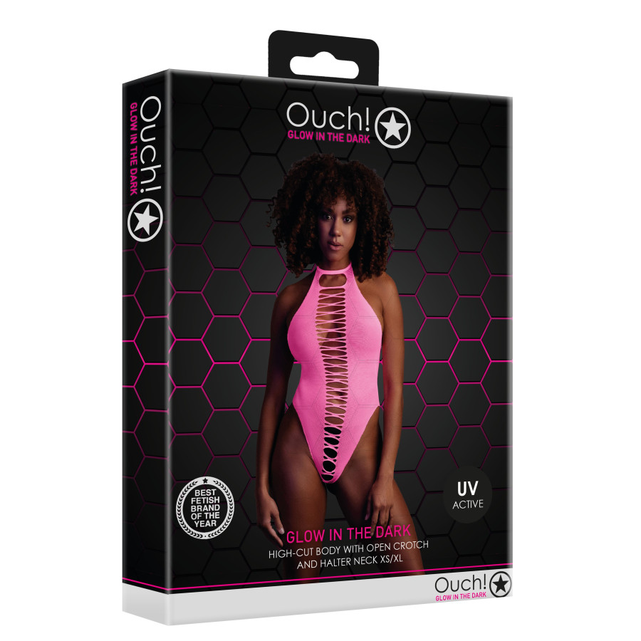 Body échancré ouvert à l'entrejambe avec dos nu Rose Fluo