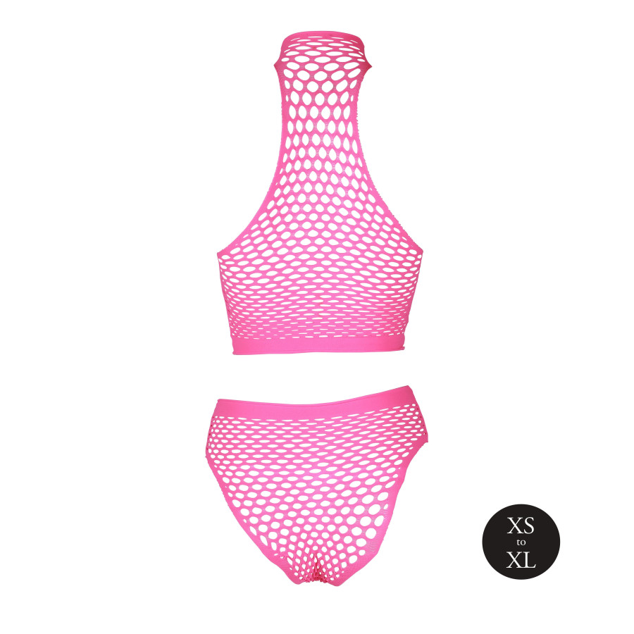 Ensemble Bustier et Culotte Filet Rose Fluo