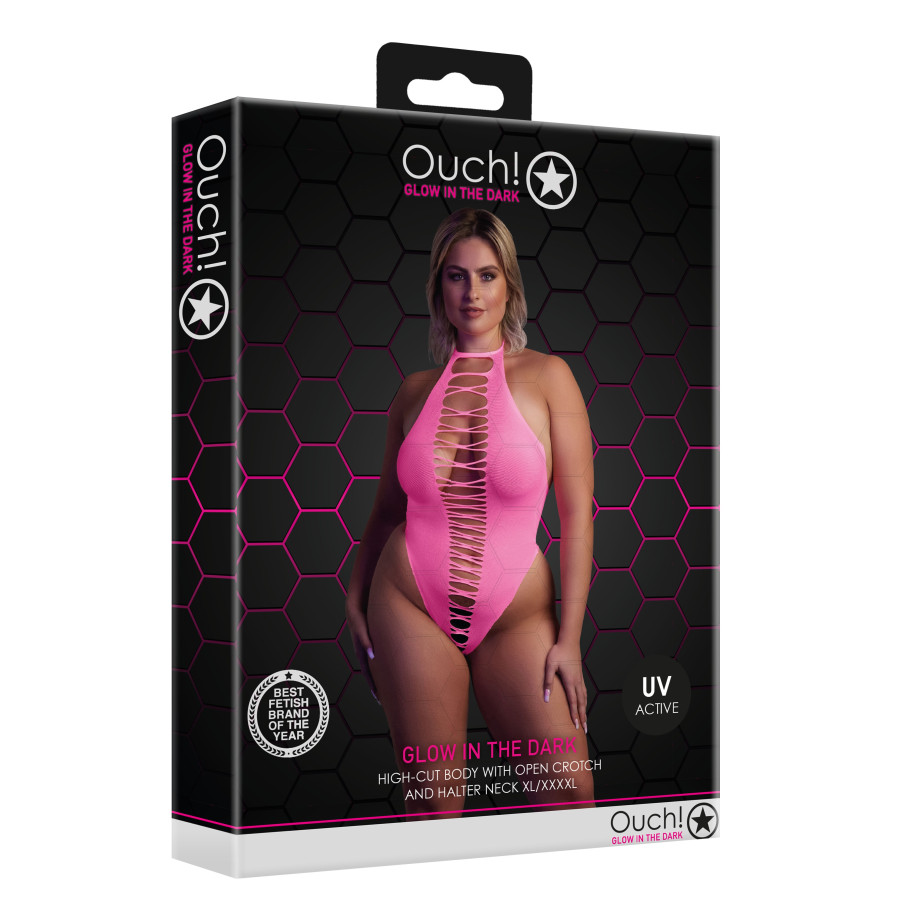 Body échancré ouvert à l'entrejambe avec dos nu Rose Fluo