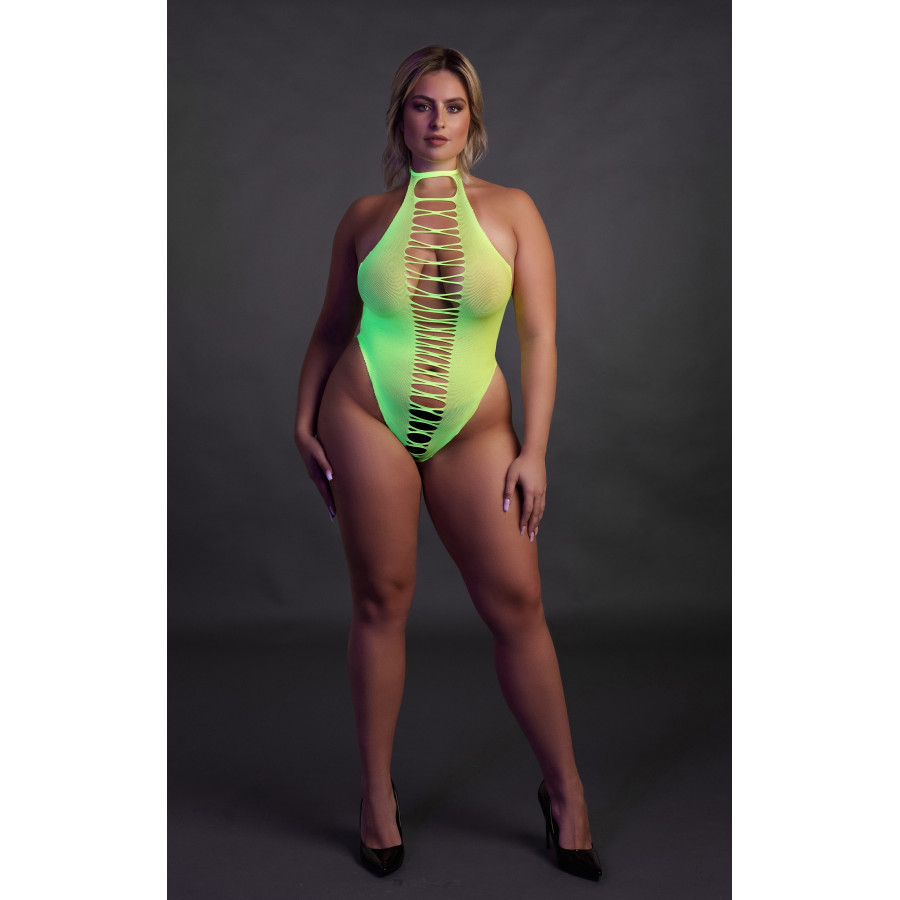 Body échancré ouvert à l'entrejambe avec dos nu Vert Fluo