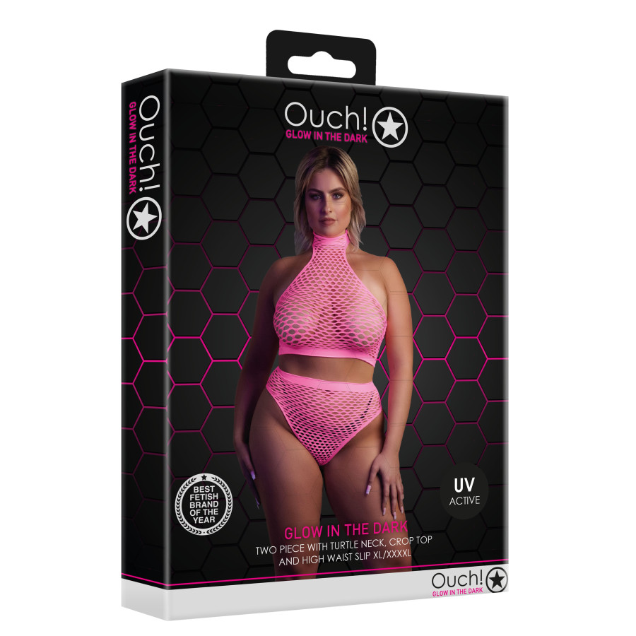 Ensemble Bustier et Culotte Filet Rose Fluo