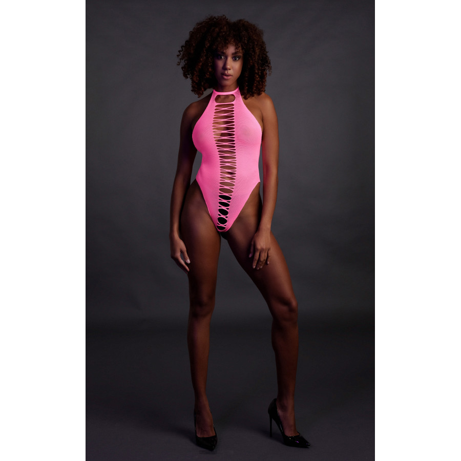 Body échancré ouvert à l'entrejambe avec dos nu Rose Fluo
