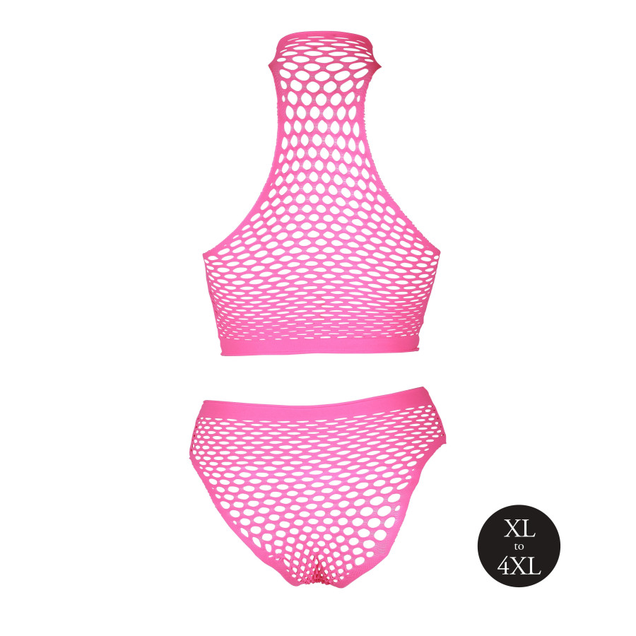 Ensemble Bustier et Culotte Filet Rose Fluo