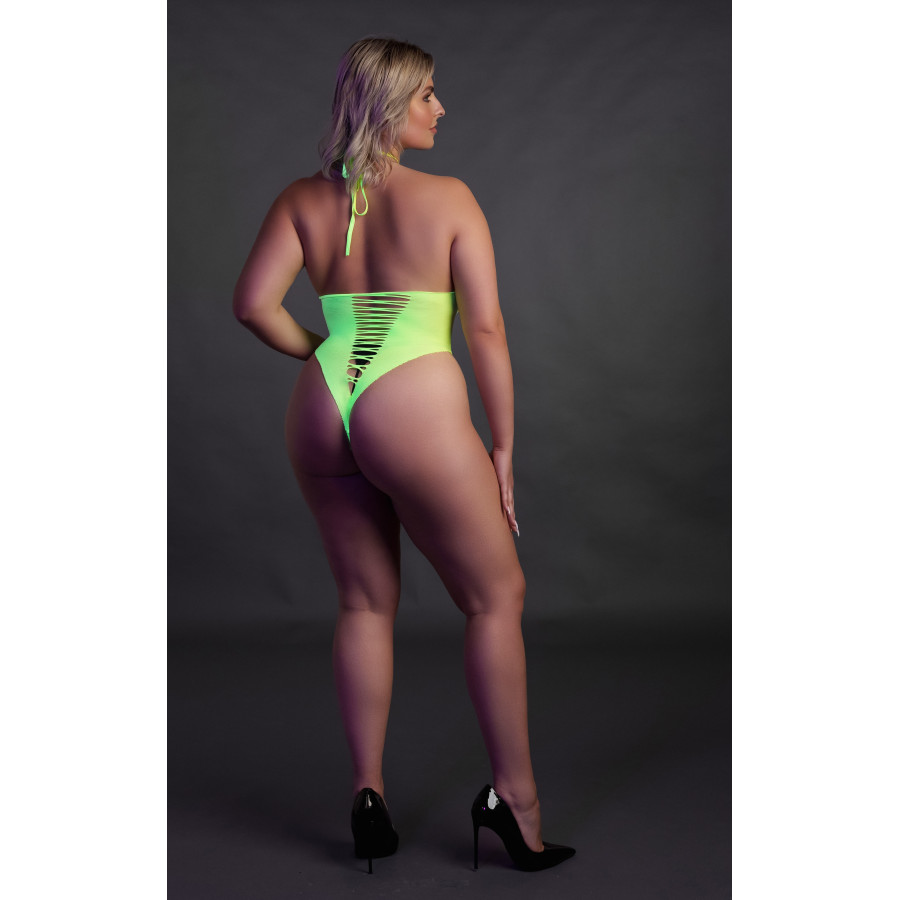 Body échancré ouvert à l'entrejambe avec dos nu Vert Fluo