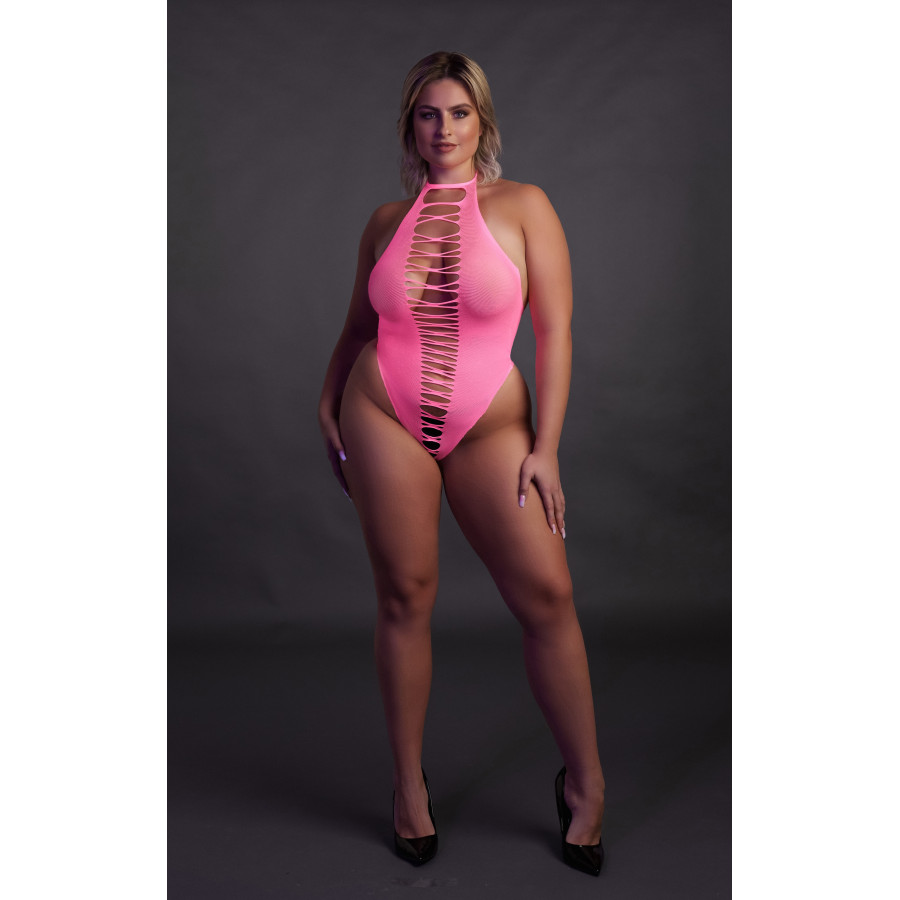 Body échancré ouvert à l'entrejambe avec dos nu Rose Fluo