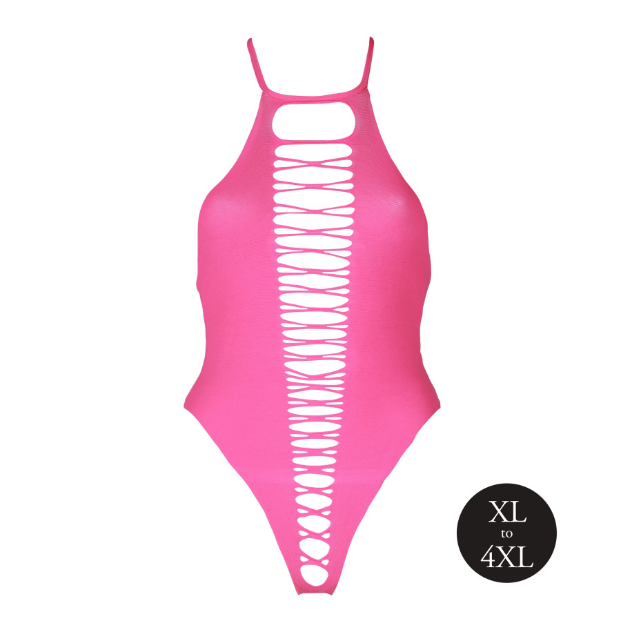 Body échancré ouvert à l'entrejambe avec dos nu Rose Fluo