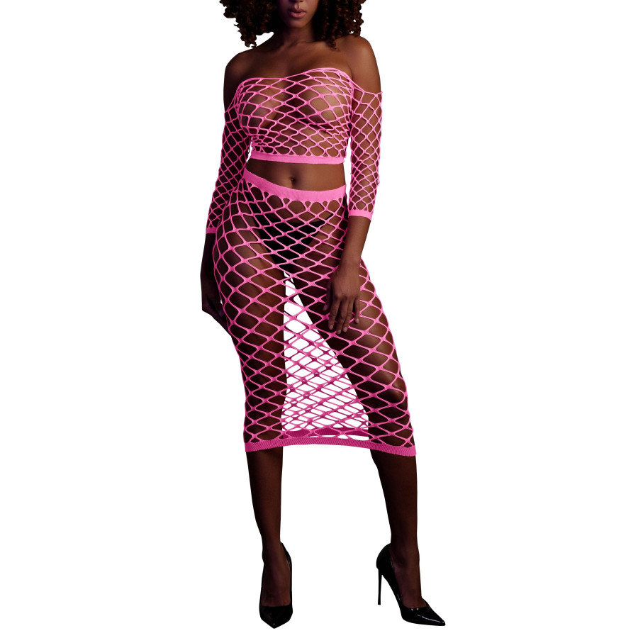 Bustier et Robe Filet Épaules dénudées Rose Fluo