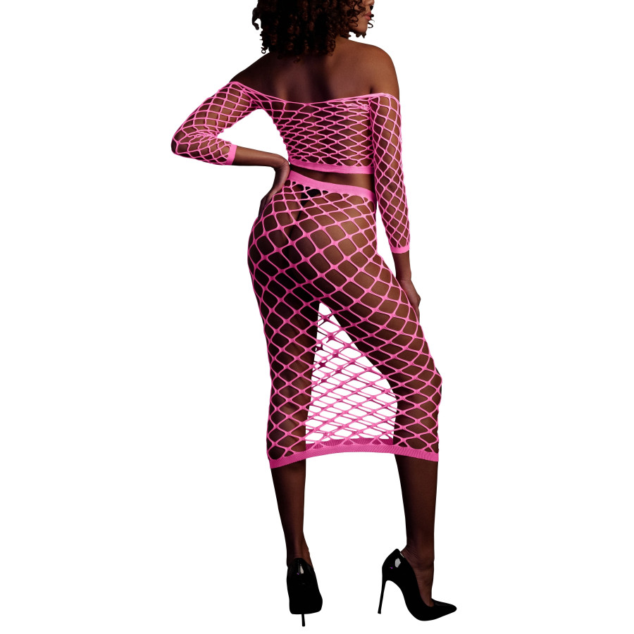 Bustier et Robe Filet Épaules dénudées Rose Fluo