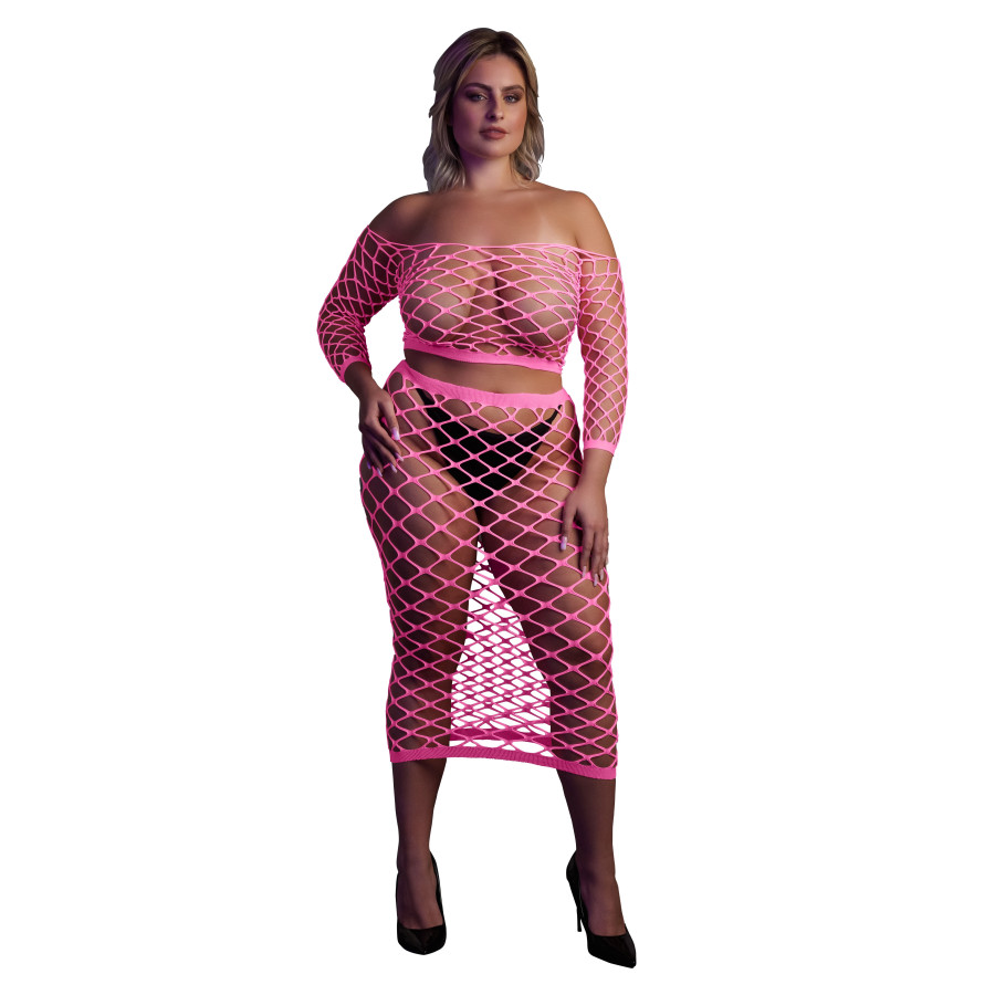 Bustier et Robe Filet Épaules dénudées Rose Fluo