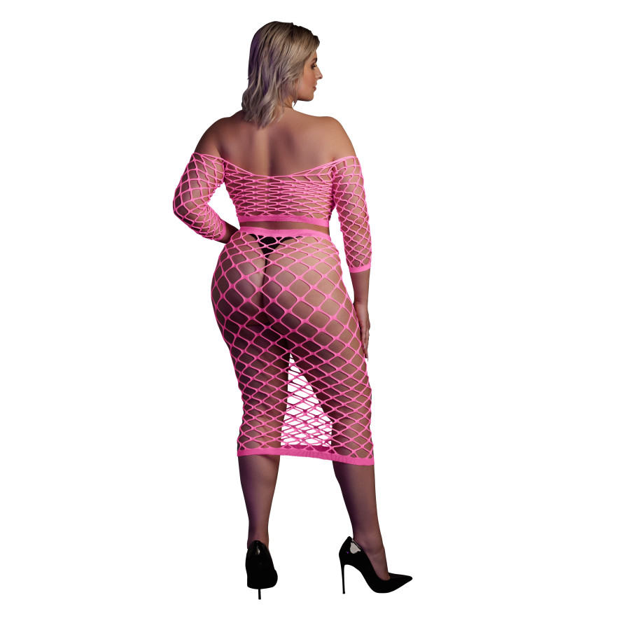 Bustier et Robe Filet Épaules dénudées Rose Fluo