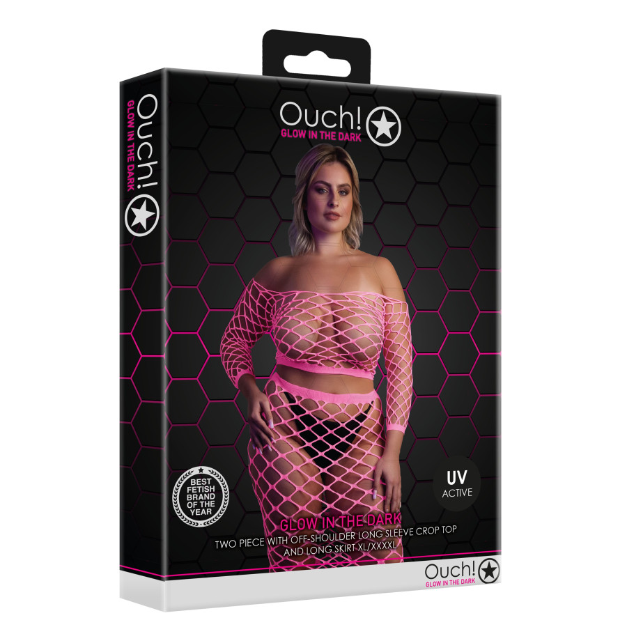 Bustier et Robe Filet Épaules dénudées Rose Fluo