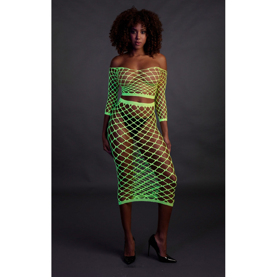 Bustier et Robe Filet Épaules dénudées Vert Fluo