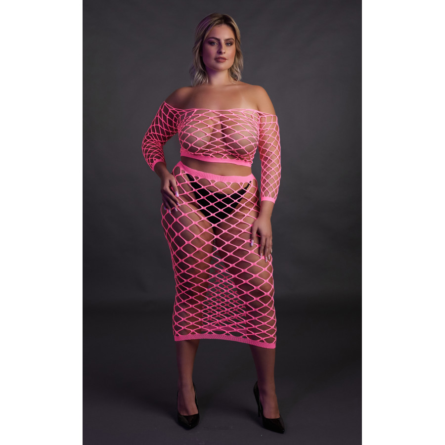 Bustier et Robe Filet Épaules dénudées Rose Fluo