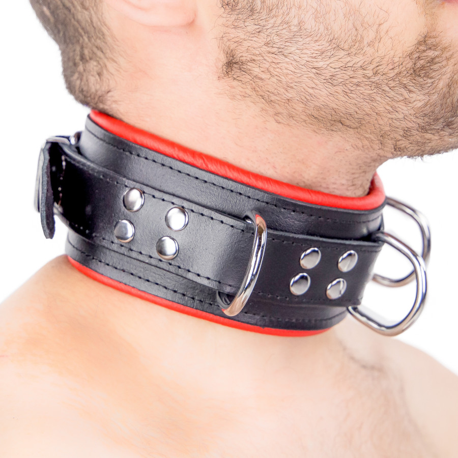 Collier en cuir rembourré avec 3 anneaux D Rouge