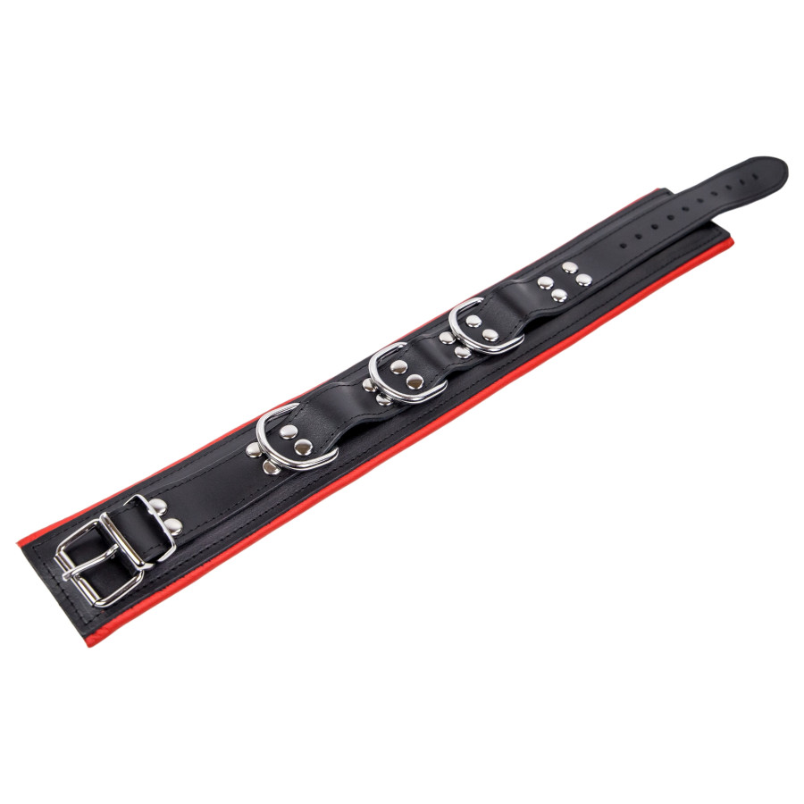 Collier en cuir rembourré avec 3 anneaux D Rouge