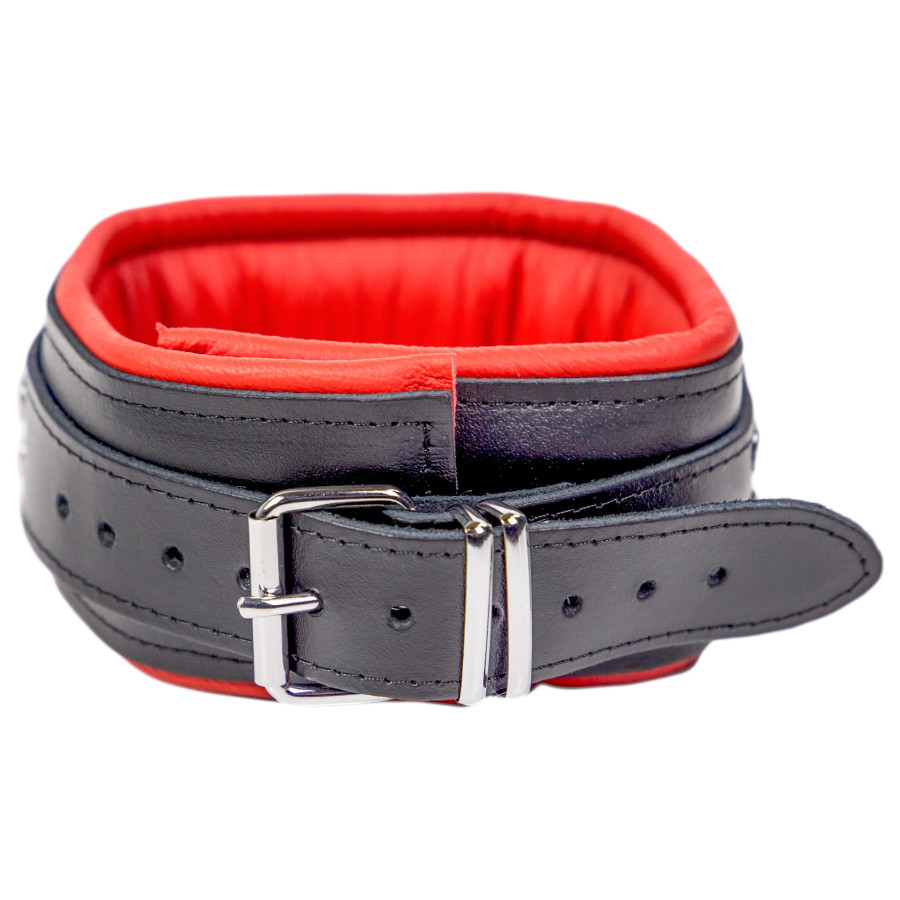 Collier en cuir rembourré avec 3 anneaux D Rouge