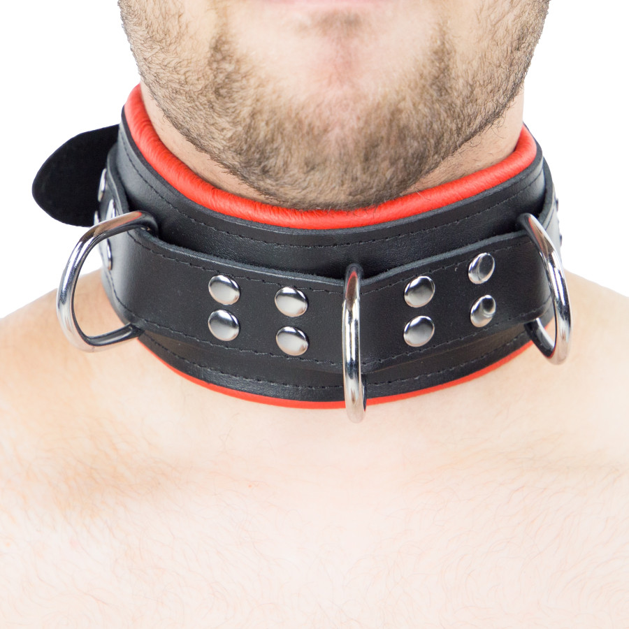 Collier en cuir rembourré avec 3 anneaux D Rouge