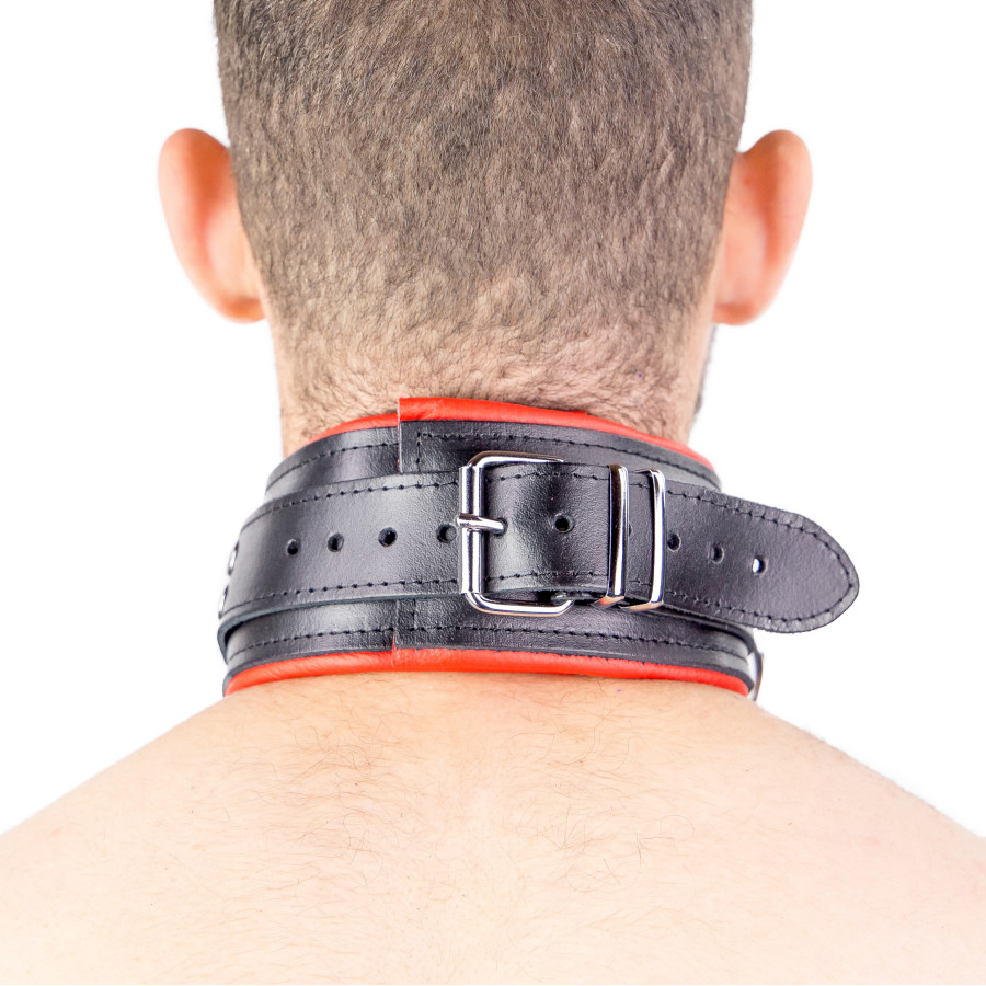 Collier en cuir rembourré avec 3 anneaux D Rouge