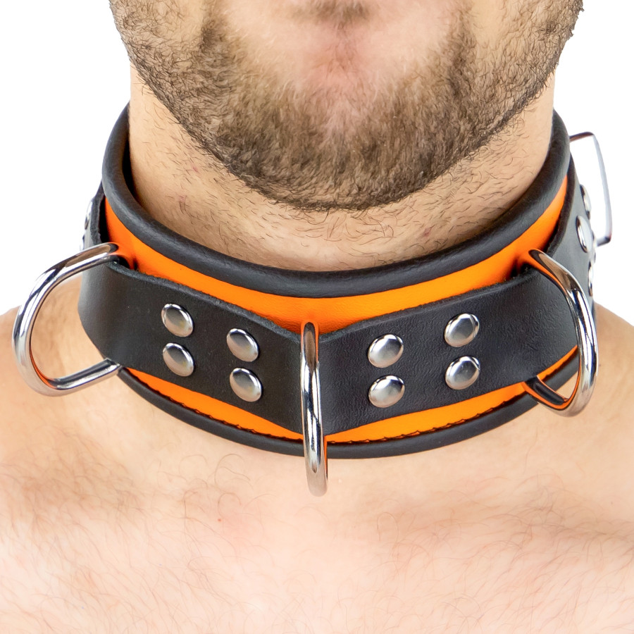 Collier en cuir 3 Anneaux D Orange-Noir
