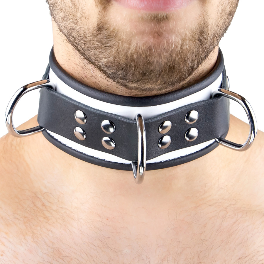 Collier en cuir 3 Anneaux D Blanc-Noir