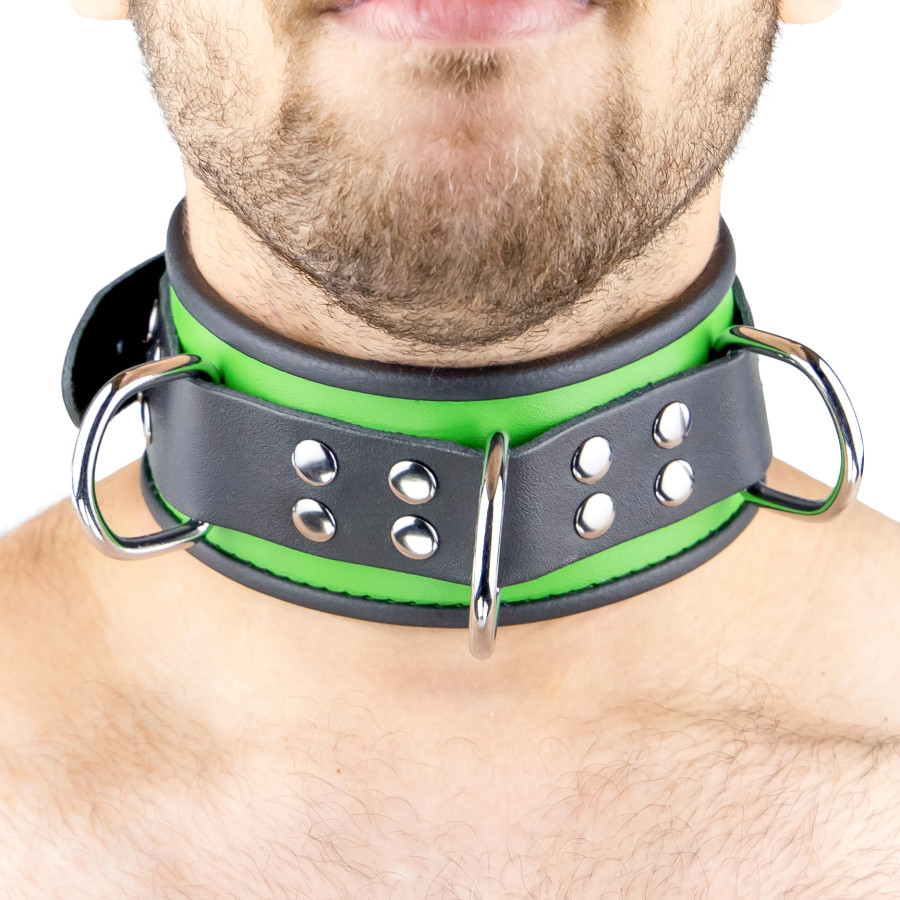 Collier en cuir 3 Anneaux D Vert-Noir