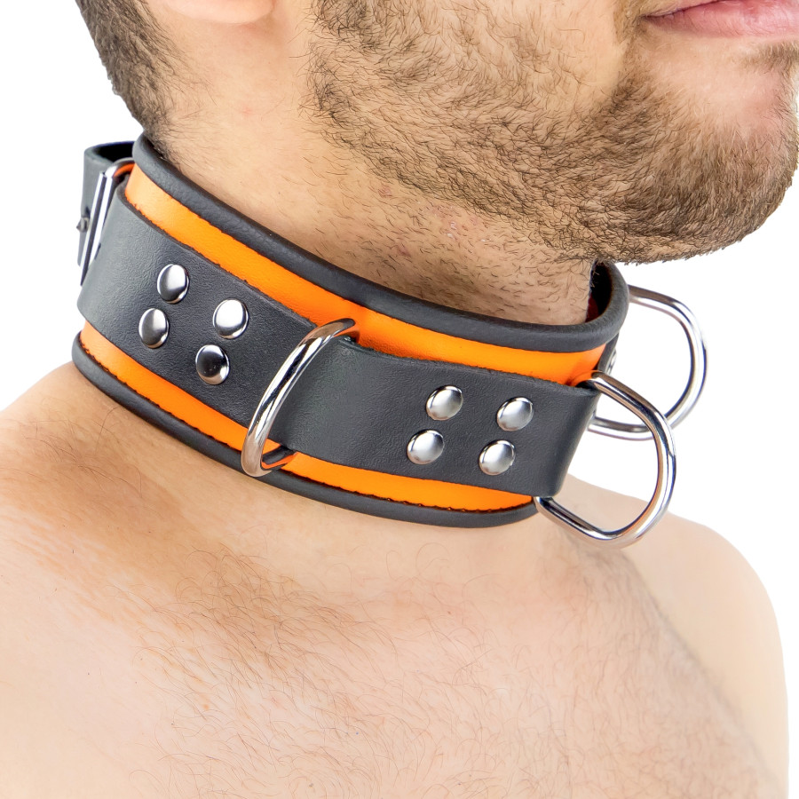 Collier en cuir 3 Anneaux D Orange-Noir