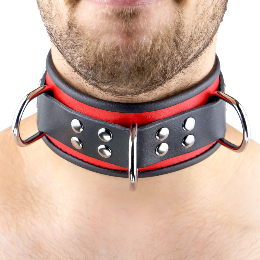 Collier en cuir 3 Anneaux D Rouge-Noir