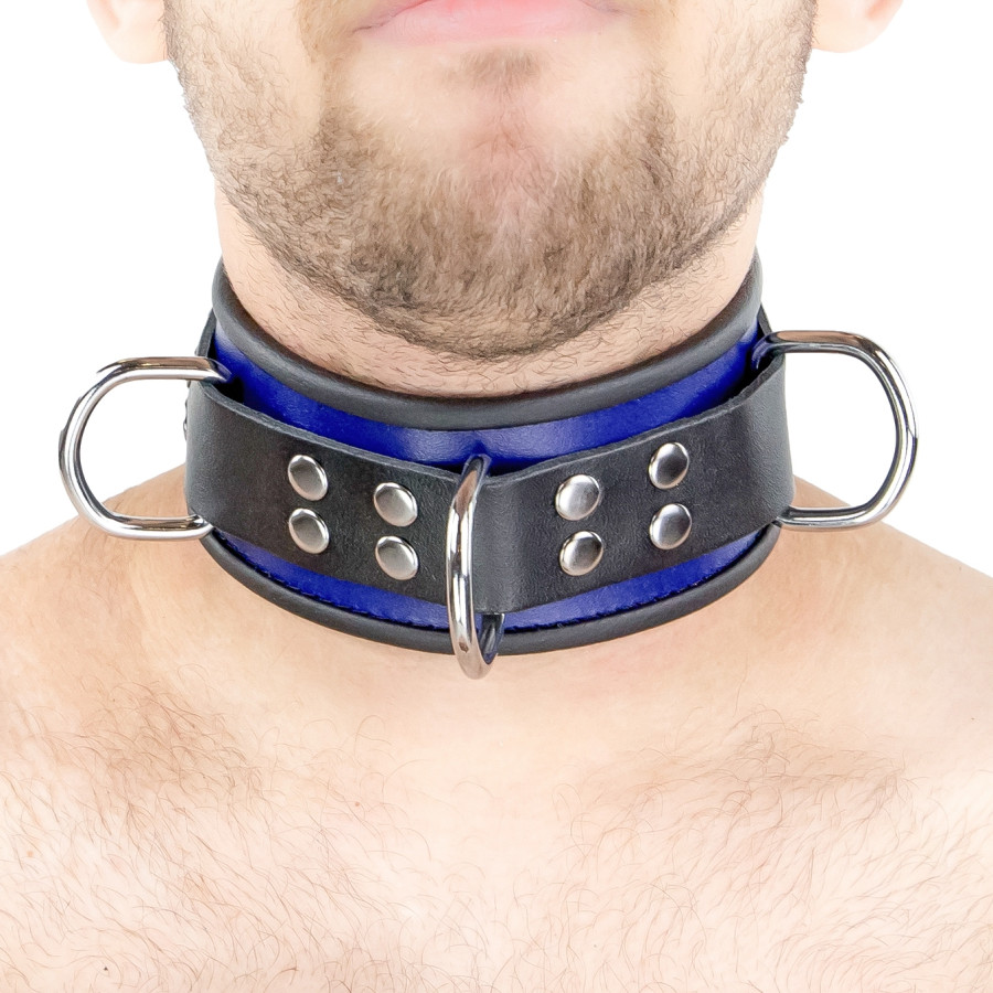 Collier en cuir - 3 anneaux D - Bleu/Noir