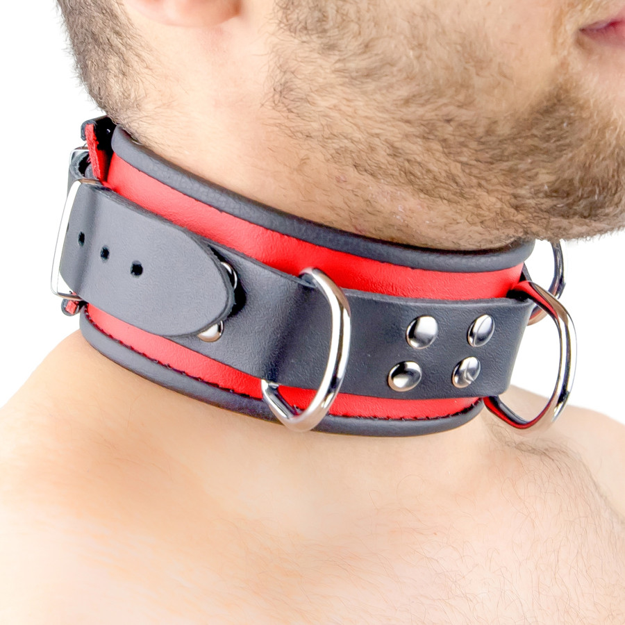 Collier en cuir 3 Anneaux D Rouge-Noir