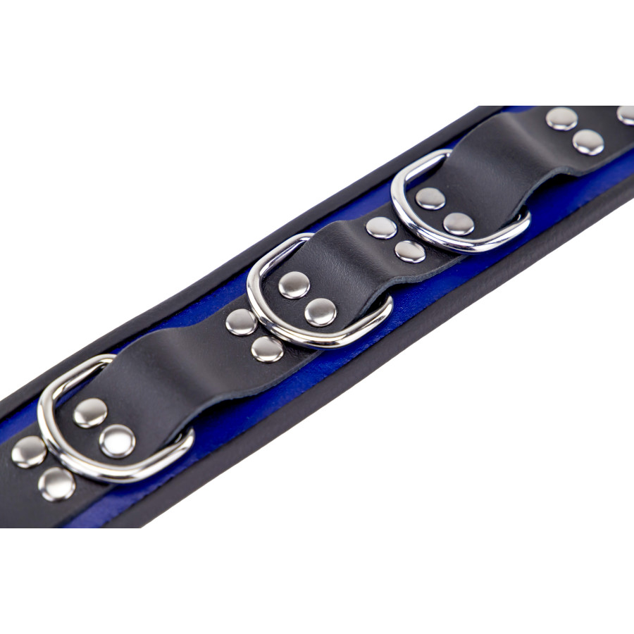 Collier en cuir - 3 anneaux D - Bleu/Noir