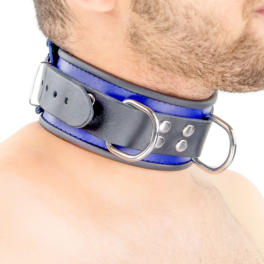 Collier en cuir - 3 anneaux D - Bleu/Noir
