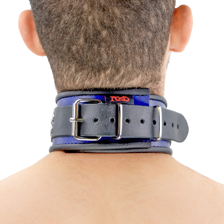 Collier en cuir - 3 anneaux D - Bleu/Noir