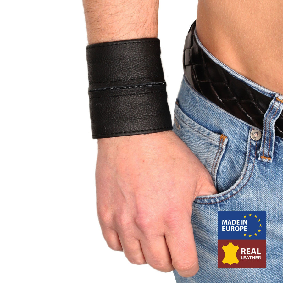 Poignet bracelet de force en cuir - Noir/Noir-  avec zip 