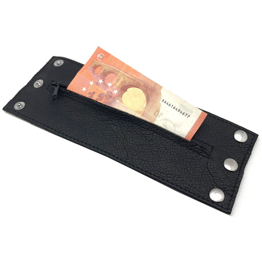 Poignet bracelet de force en cuir - Noir/Noir-  avec zip 