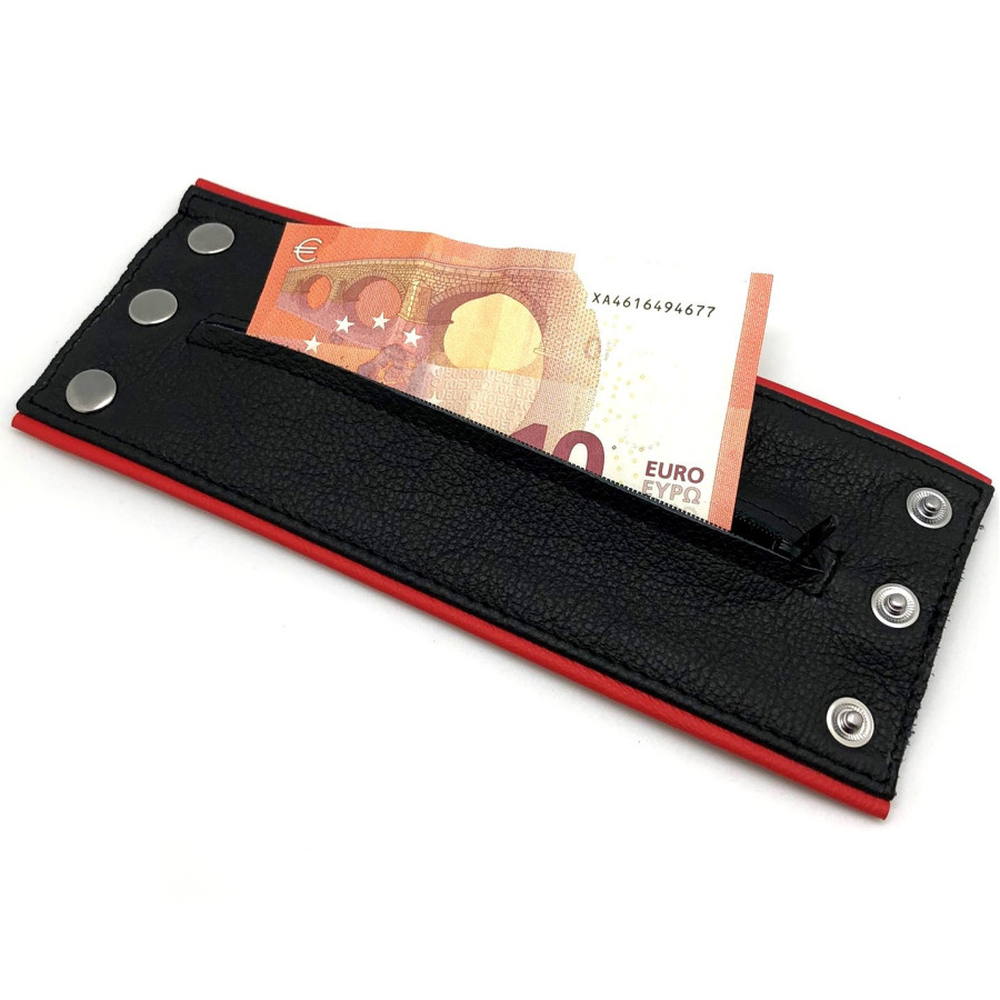 Poignet bracelet de force en cuir - Noir/Rouge avec zip 