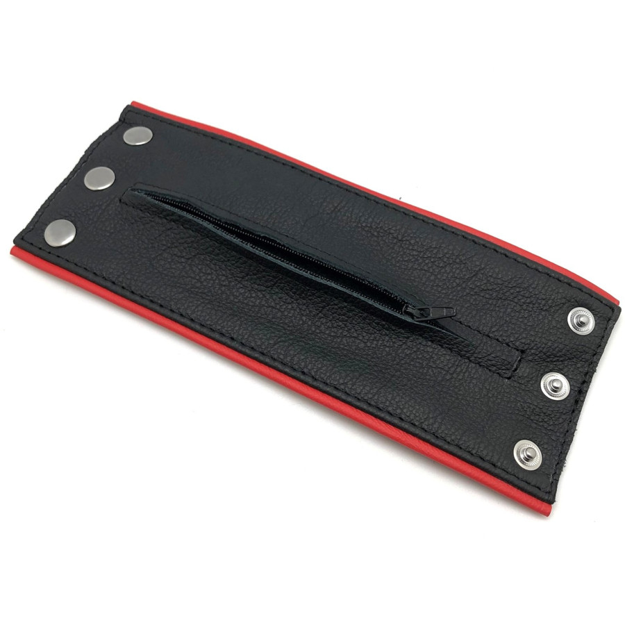 Poignet bracelet de force en cuir - Noir/Rouge avec zip 