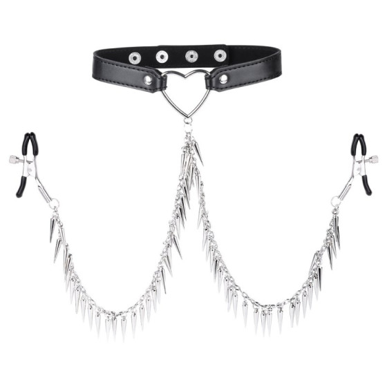 Spike Heart Nipple Clamp Collar Black
