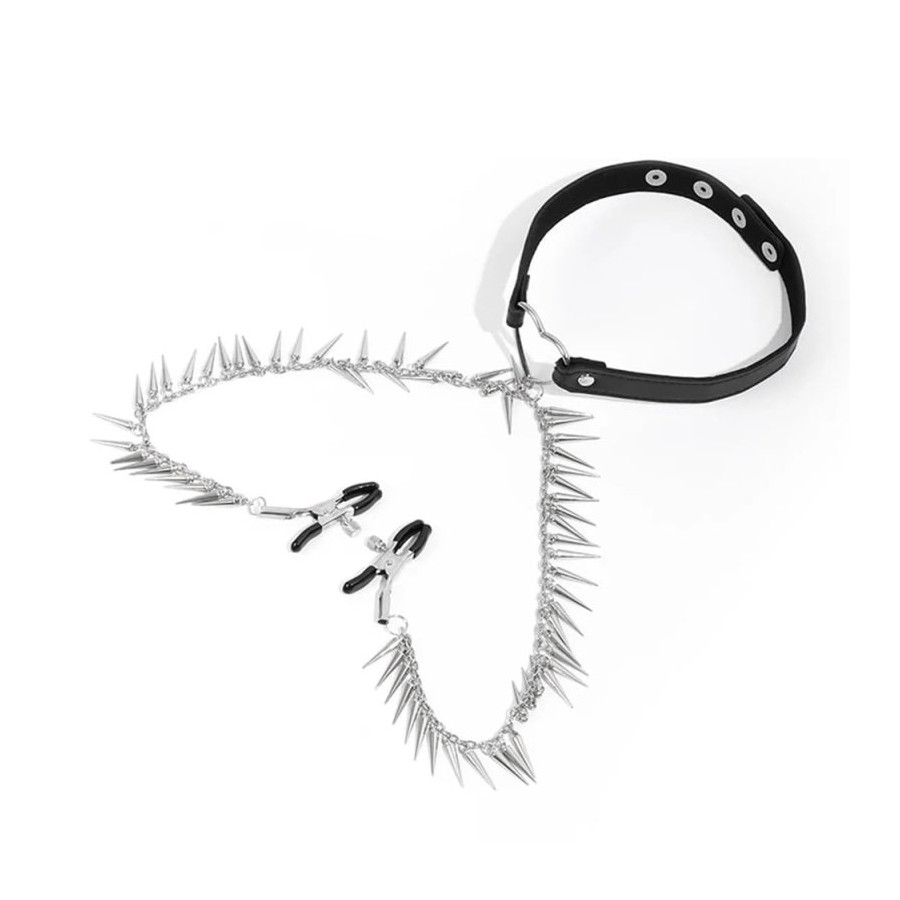 Spike Heart Nipple Clamp Collar Black